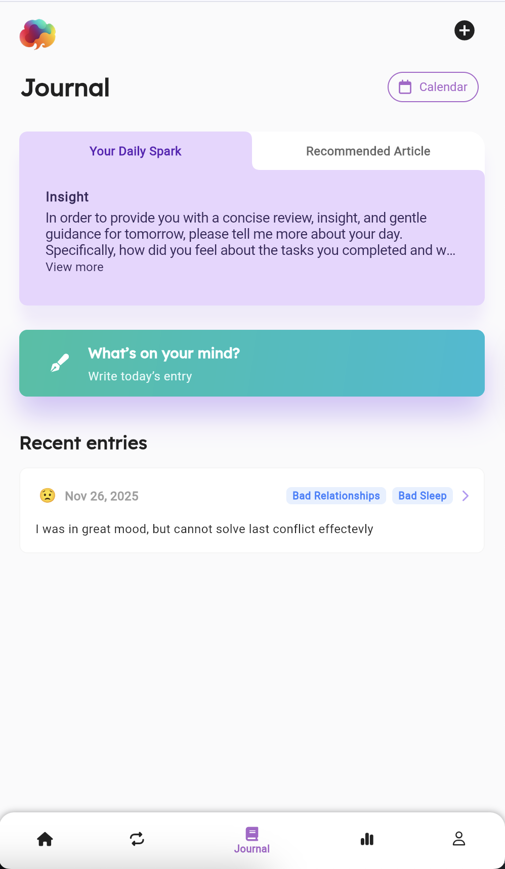 SelfSpark journal screen with insights and prompts